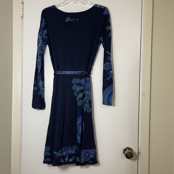 DESIGUAL blue abstract circles sequin v-neck long sleeve wrapped dress EU Small - Picture 7 of 9